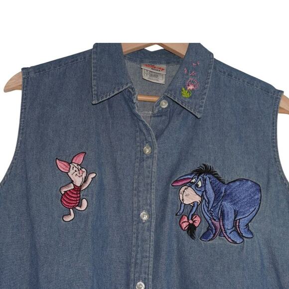 Vintage Disney Store Denim Shirt Eeyore Piglet Embroidered Sleeveless Large - Picture 3 of 6